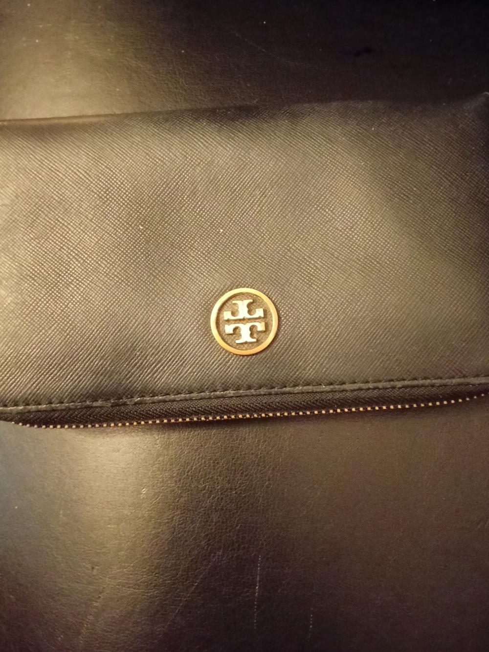 Tory Burch Robinson Black Leather Clutch with Gold Logo Medallion